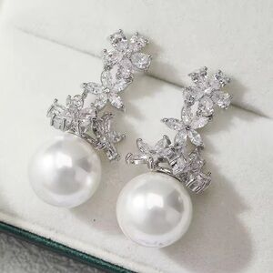 White Pearl Floral Silver Earrings